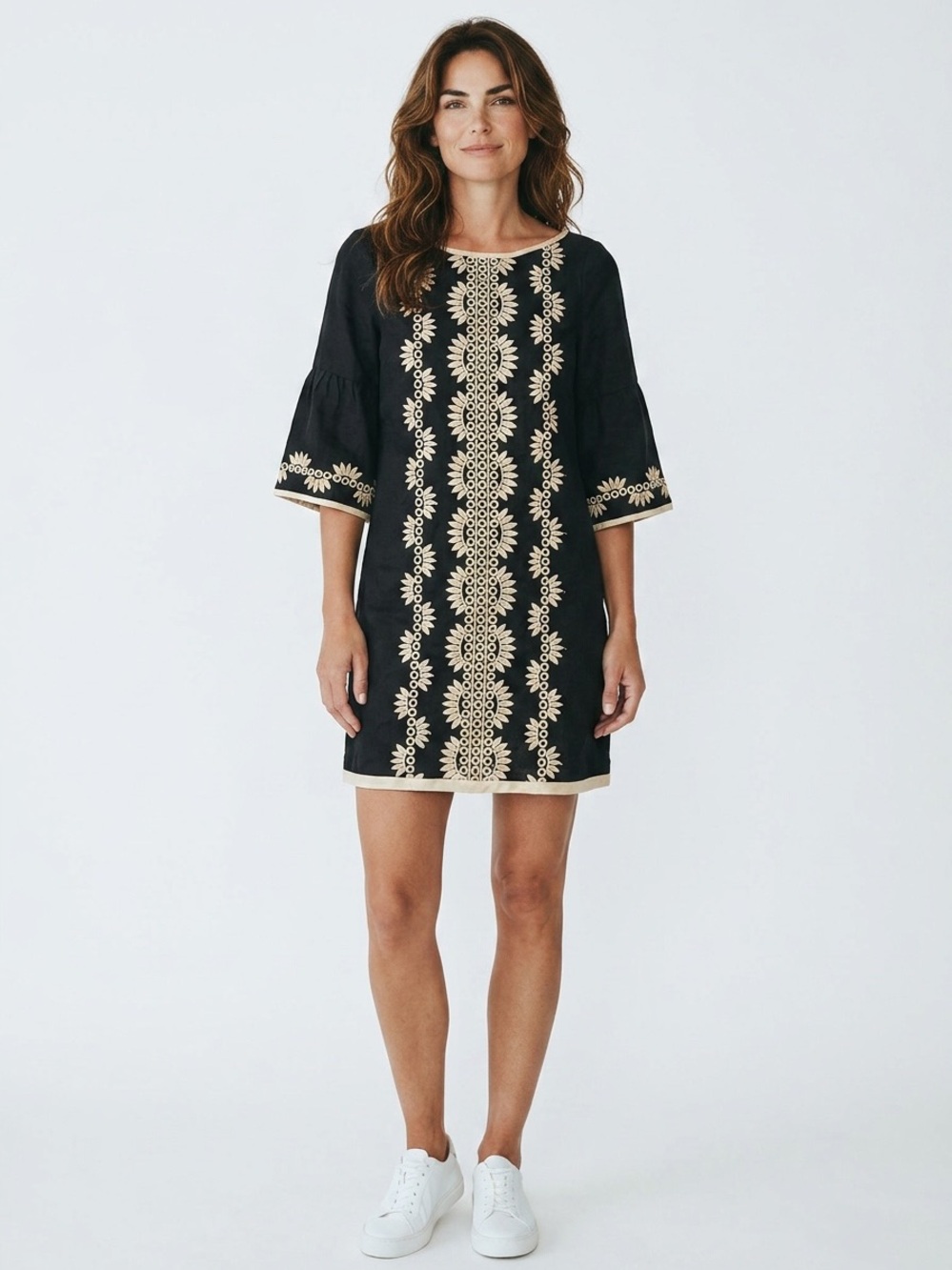 Nanette Lepore Black Linen Cotton Embroidered Mini Dress Size 0 Bell Sleeve Boho